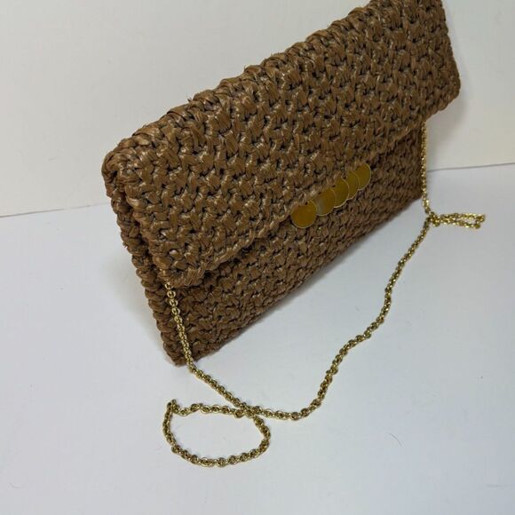 RODO Vintage Brown Designer Straw Woven Clutch Purse Chain Strap Womens - Picture 7 of 9